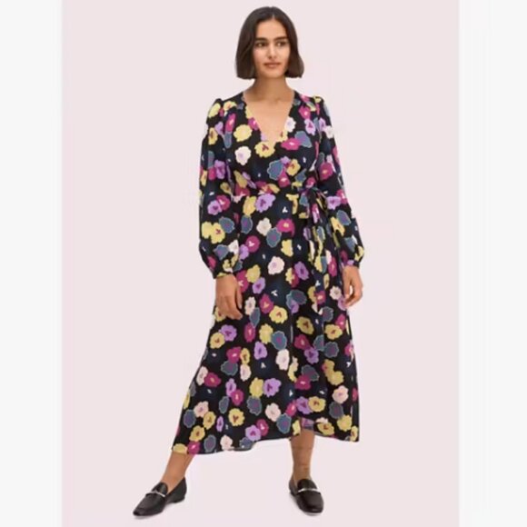 Kate Spade Colorful Black Floral Winter Garden Maxi Wrap Dress Sz 14 NWT